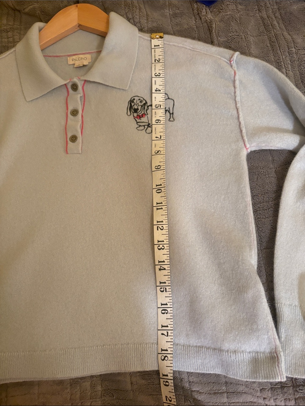 Pilcro Light Blue Long-Sleeve Polo with Dog Embroidery and Pink Trim - Picture 9 of 10